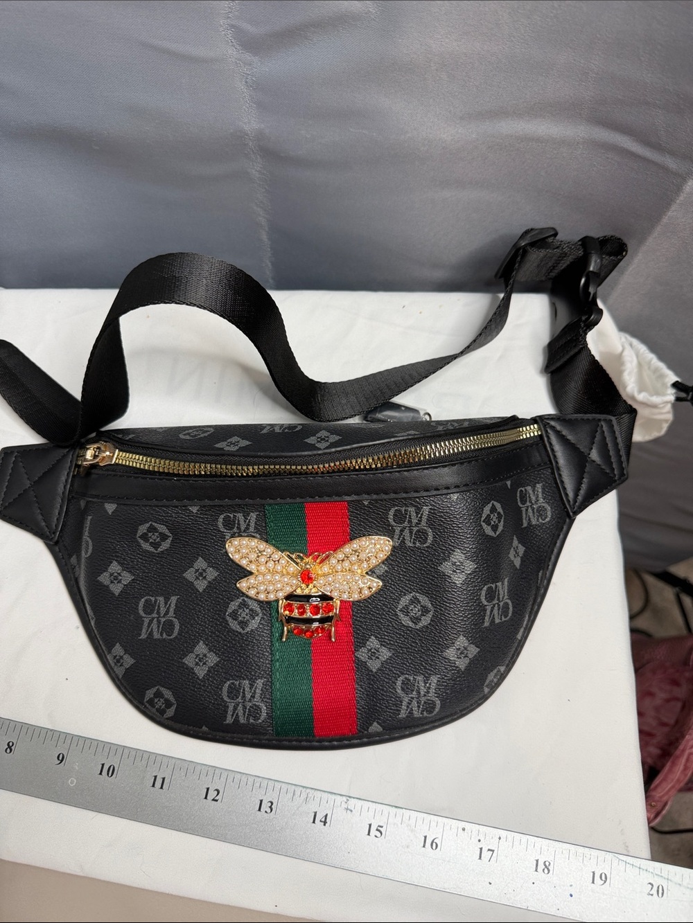 New Black Leather-Pattern Belt Bag with Red & Green Stripe